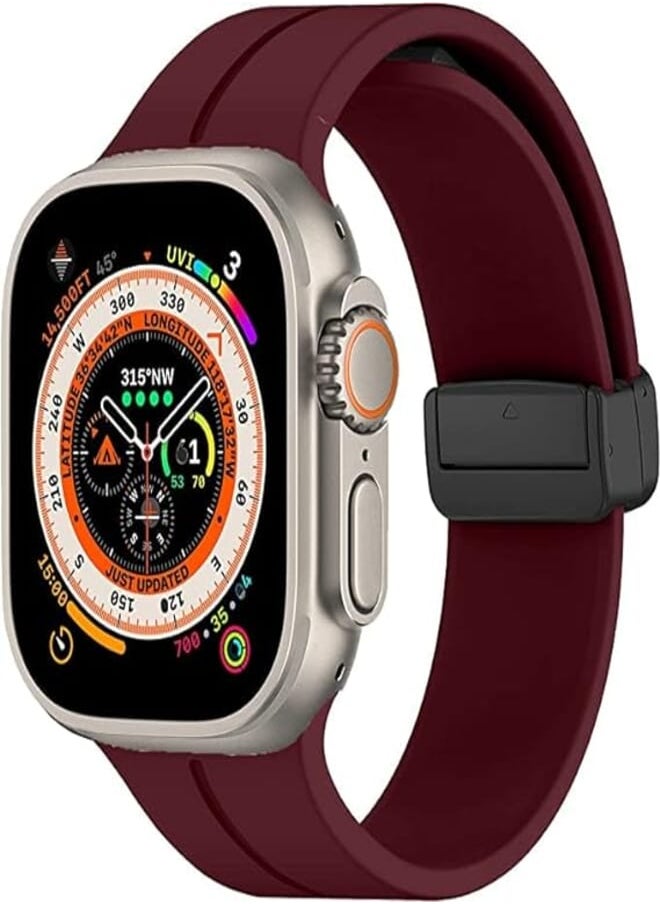 Generic - Compatible with Apple Watch Band 42mm 44mm 49mm 45mm Silicone + Magnetic D Clasp Sport Replacement Wristband for iWatch Series 8/Ultra/7/SE/6/5/4/3/2/1 (Wine Red) - Image 1
