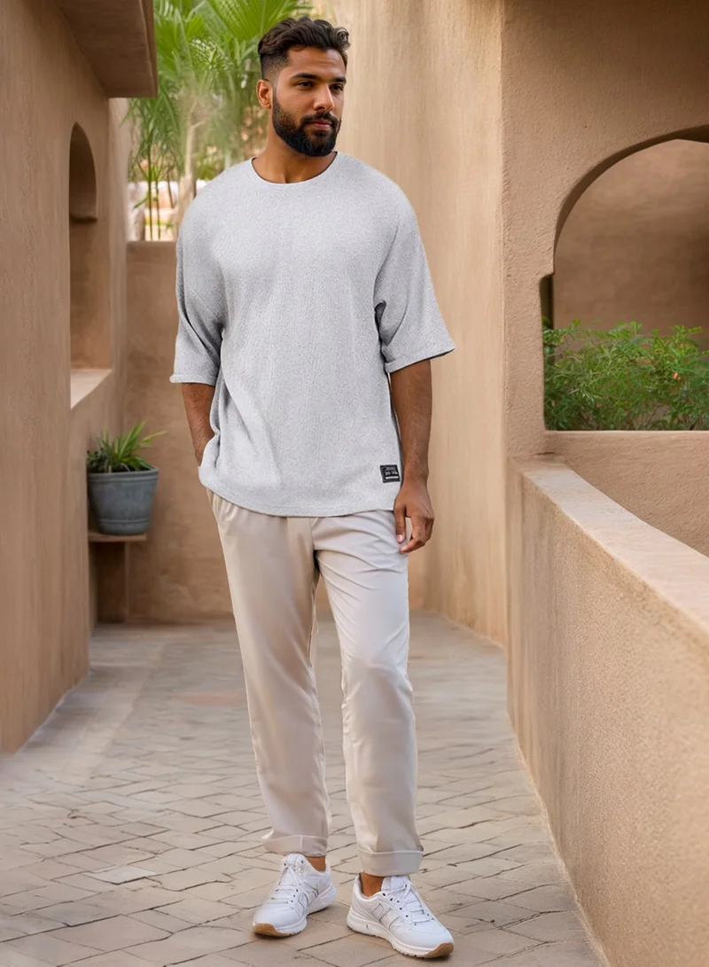 Styli Waffle Knit Oversized T-Shirt with Turn Up Sleeve