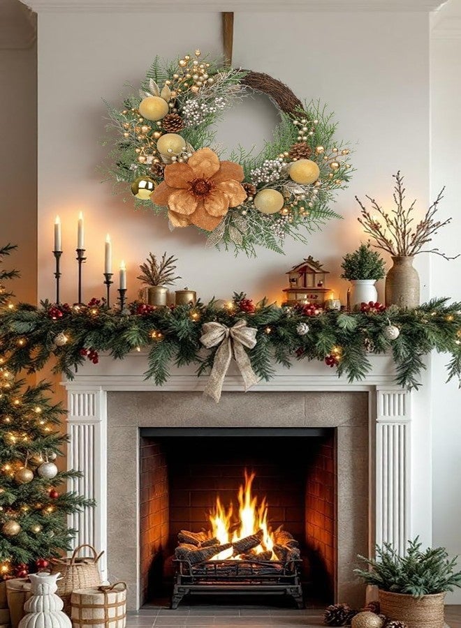 Arborus 24" Christmas Wreath for Front Door – Artificial Winter Half Wreath with Bronze Maglonia Flower, Gold Ball Ornaments, Berry Clusters for Indoor & Covered Outdoor Holiday Christmas Decoration - Image 3