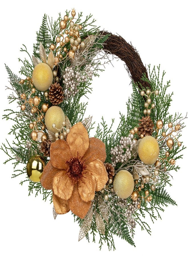 Arborus 24" Christmas Wreath for Front Door – Artificial Winter Half Wreath with Bronze Maglonia Flower, Gold Ball Ornaments, Berry Clusters for Indoor & Covered Outdoor Holiday Christmas Decoration - Image 1