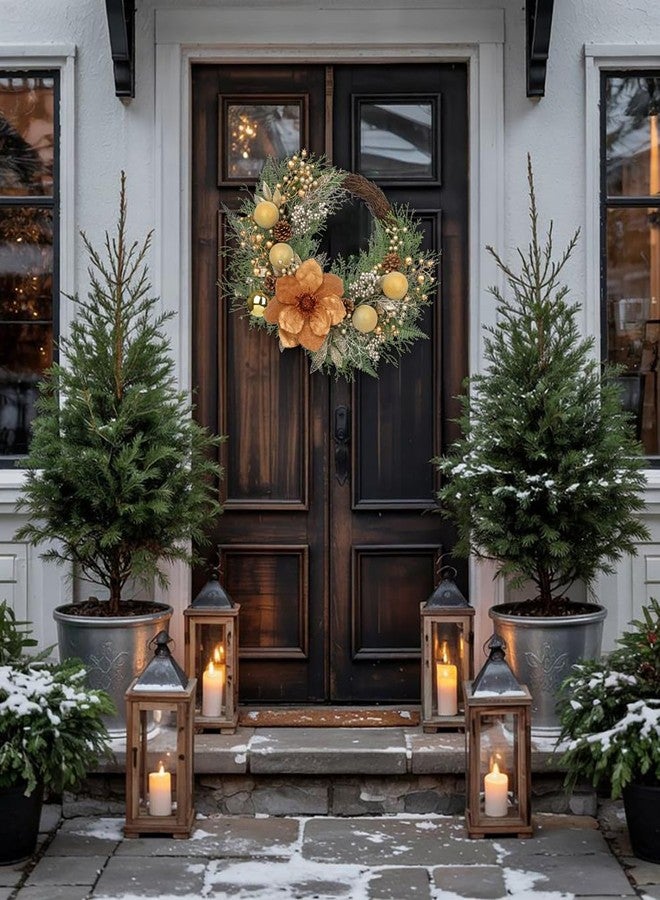 Arborus 24" Christmas Wreath for Front Door – Artificial Winter Half Wreath with Bronze Maglonia Flower, Gold Ball Ornaments, Berry Clusters for Indoor & Covered Outdoor Holiday Christmas Decoration - Image 4