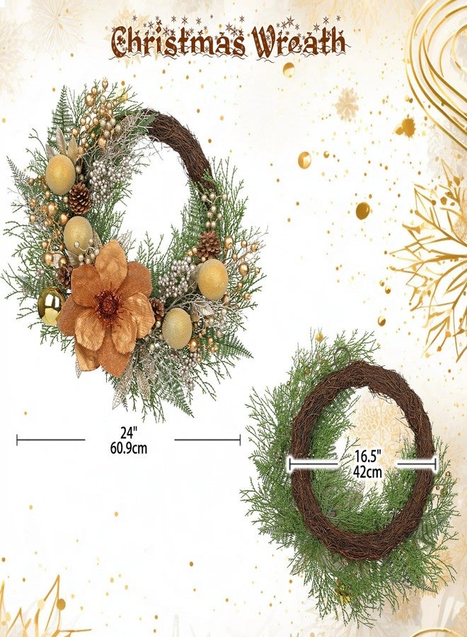 Arborus 24" Christmas Wreath for Front Door – Artificial Winter Half Wreath with Bronze Maglonia Flower, Gold Ball Ornaments, Berry Clusters for Indoor & Covered Outdoor Holiday Christmas Decoration - Image 2
