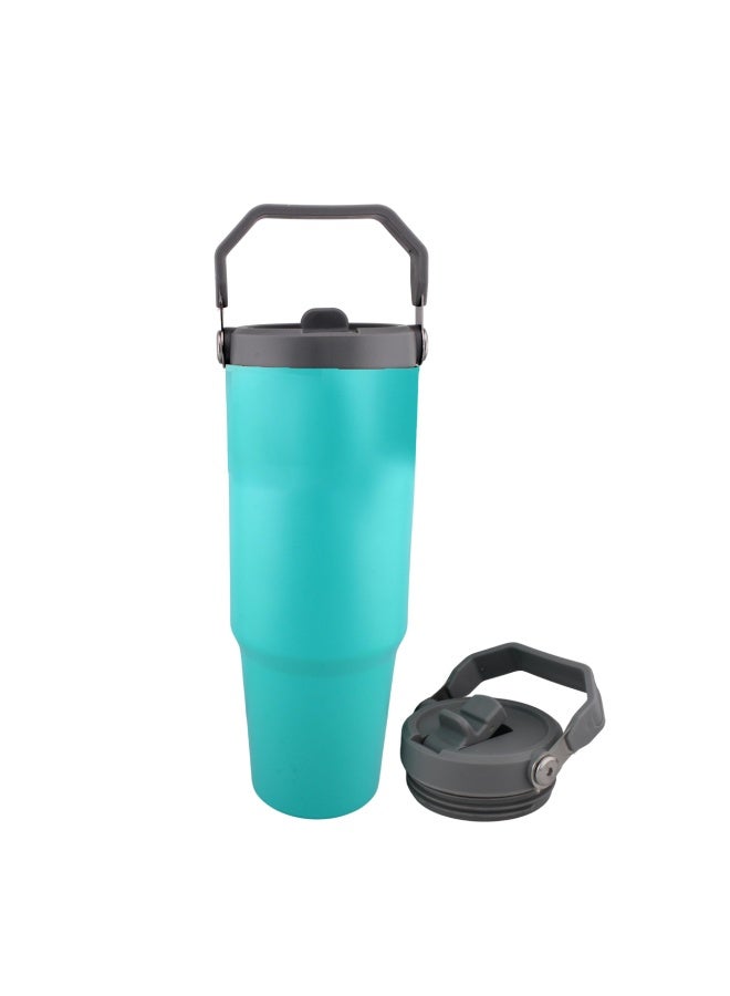 BrainGiggles 30oz Insulated Travel Cup with Handle, Stainless Steel Double Wall Vacuum Tumbler with Straw & Lids Reusable Water Bottle Trave for Water Iced Tea Coffee - Turquoise - Image 1
