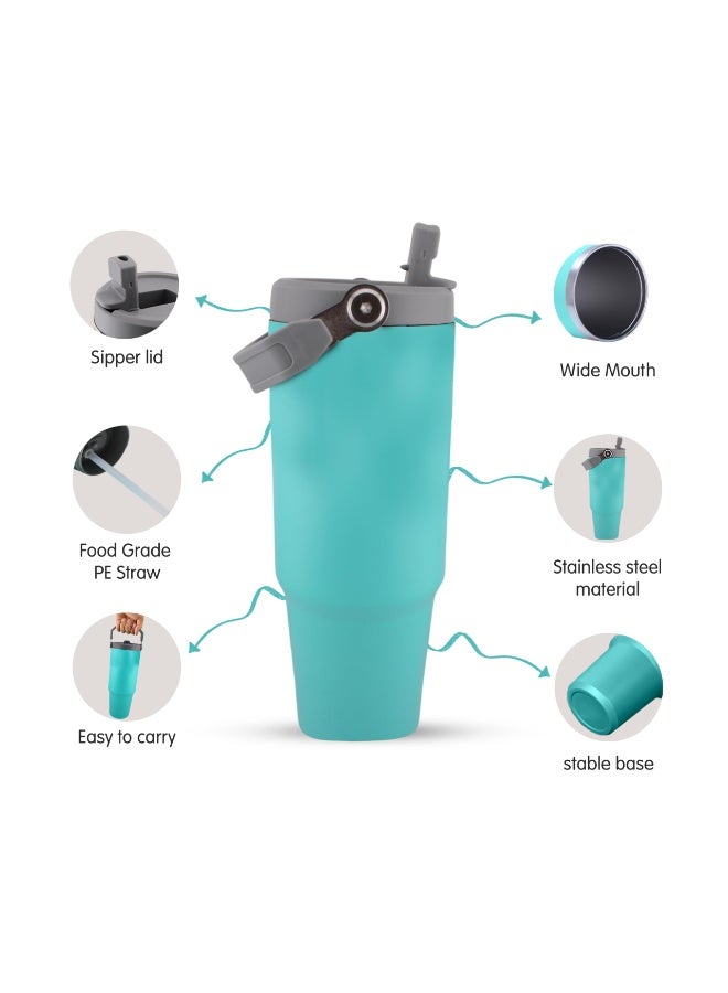 BrainGiggles 30oz Insulated Travel Cup with Handle, Stainless Steel Double Wall Vacuum Tumbler with Straw & Lids Reusable Water Bottle Trave for Water Iced Tea Coffee - Turquoise - Image 2