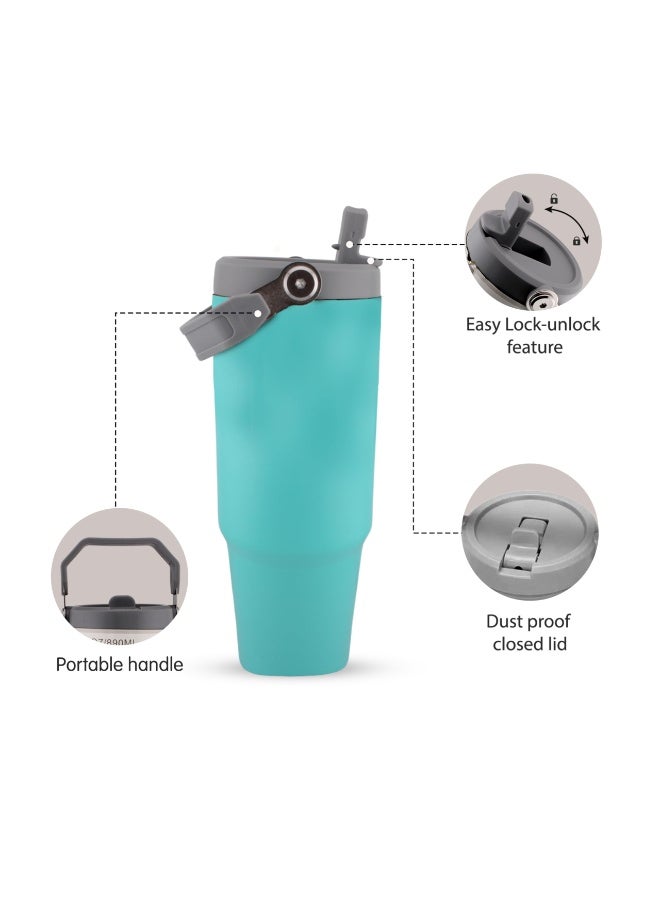 BrainGiggles 30oz Insulated Travel Cup with Handle, Stainless Steel Double Wall Vacuum Tumbler with Straw & Lids Reusable Water Bottle Trave for Water Iced Tea Coffee - Turquoise - Image 3