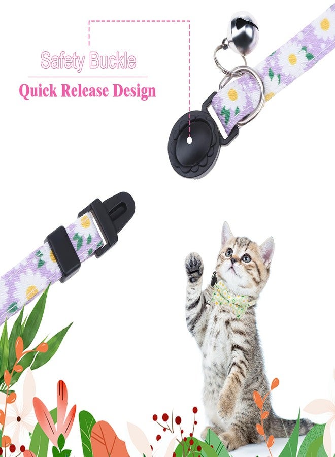 XLSXEXCL طوق قطط XLSXEXCL مكون من 4 قطع قابل للفك مع ربطة عنق وجرس، طوق مزين بالزهور للقطط الصغيرة مع ربطة عنق قابلة للإزالة، أطواق أمان قابلة للتعديل للقطط الإناث - Image 4