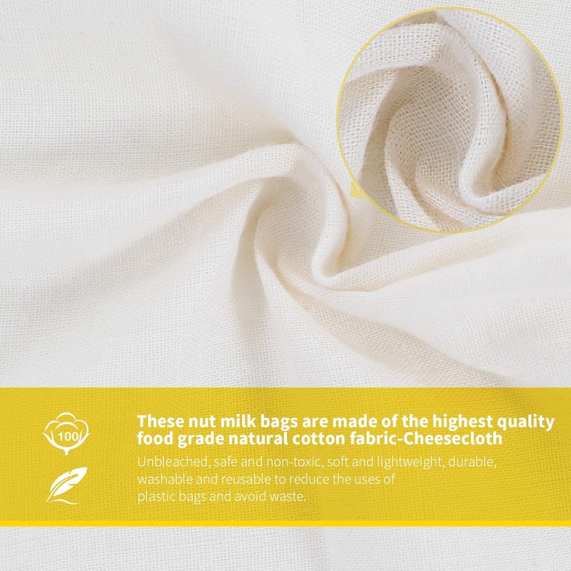 SCENGCLOS Nut Milk Bags(Upgraded, Weave 90x88), All Natural Cheesecloth Bags 12"x12" 2 Pack, 100% Unbleached Cotton Cloth Bags for Cheese/Tea/Yogurt/Juice/Wine/Soup/Herbs, Washable Reusable Almond Milk Strainer - Image 2