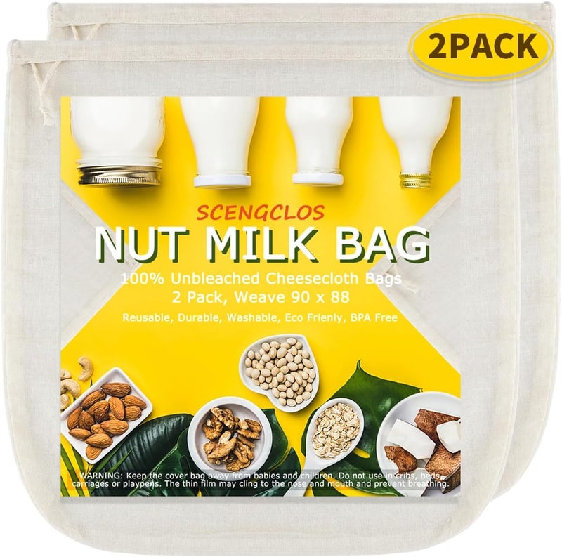 SCENGCLOS Nut Milk Bags(Upgraded, Weave 90x88), All Natural Cheesecloth Bags 12"x12" 2 Pack, 100% Unbleached Cotton Cloth Bags for Cheese/Tea/Yogurt/Juice/Wine/Soup/Herbs, Washable Reusable Almond Milk Strainer - Image 1