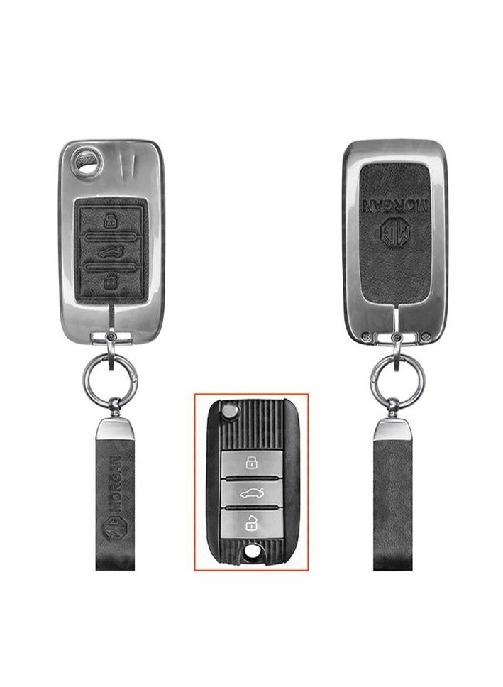 Service Zone Metal Real Leather Case For MG Remote Head Flip Key 3 Buttons Black  - Image 1
