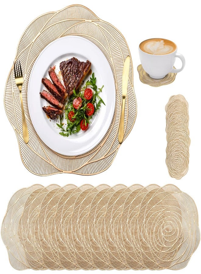 Lyellfe 20 Pack Gold Pressed Vinyl Placemats, 15 Inch Metallic Non-Slip Washable PVC Chargers Placemat, Including 10 Placemats and 10 Coasters for Dining Table, Wedding, Party, Rose Flower Shape - Image 1