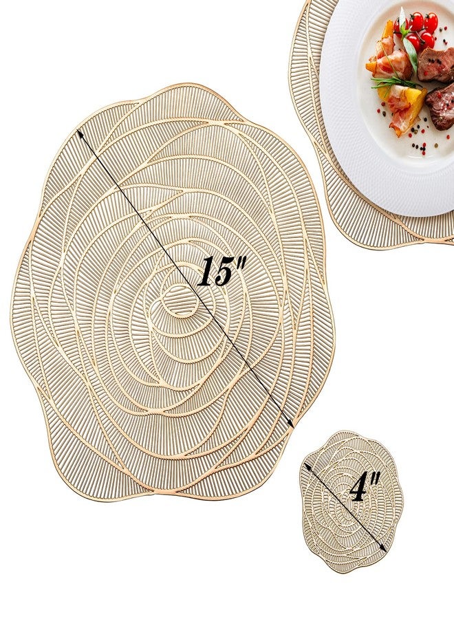 Lyellfe 20 Pack Gold Pressed Vinyl Placemats, 15 Inch Metallic Non-Slip Washable PVC Chargers Placemat, Including 10 Placemats and 10 Coasters for Dining Table, Wedding, Party, Rose Flower Shape - Image 2