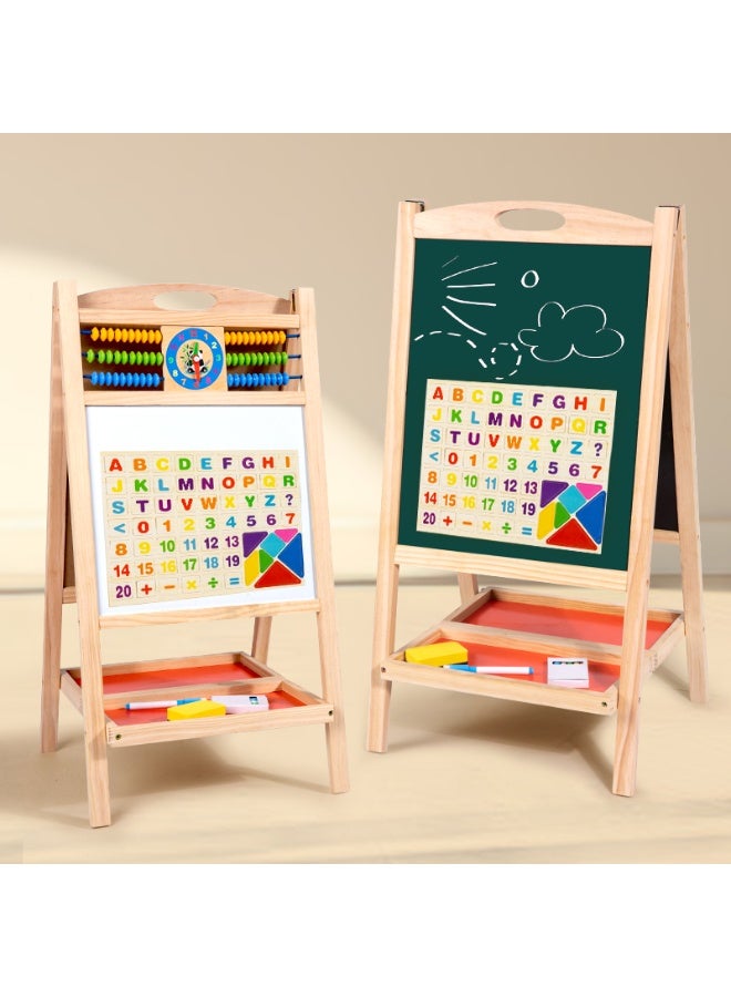 DubaiGallery Kids Wooden Double-Sided Educational Easel Board with Magnetic Whiteboard, Chalkboard, Abacus, Learning Clock, Alphabet and Number Magnets, Drawing Accessories and Storage Tray, Multifunctional Activity Art Board for Children Ages 3+ - Image 5