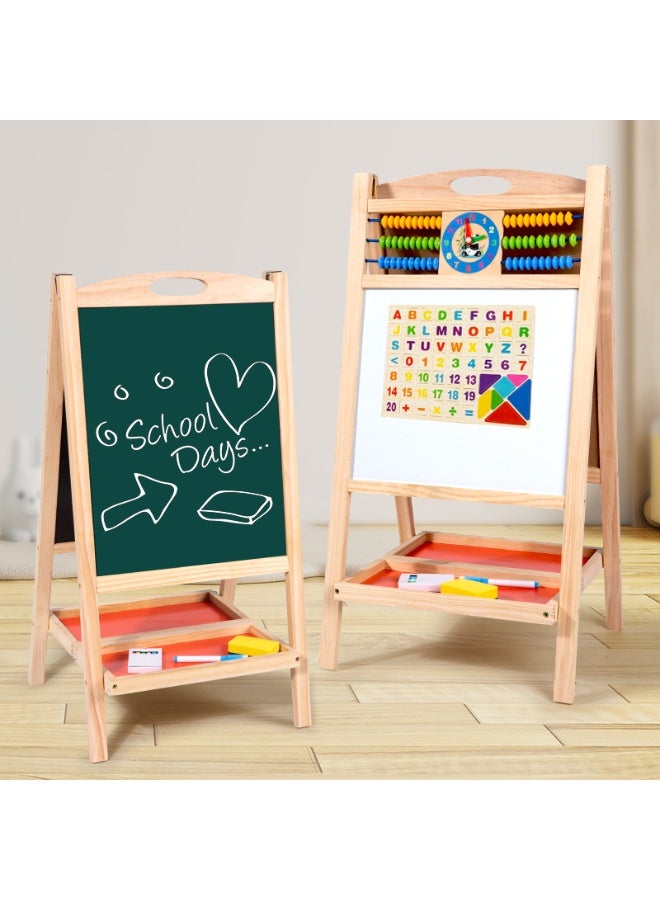 DubaiGallery Kids Wooden Double-Sided Educational Easel Board with Magnetic Whiteboard, Chalkboard, Abacus, Learning Clock, Alphabet and Number Magnets, Drawing Accessories and Storage Tray, Multifunctional Activity Art Board for Children Ages 3+ - Image 2