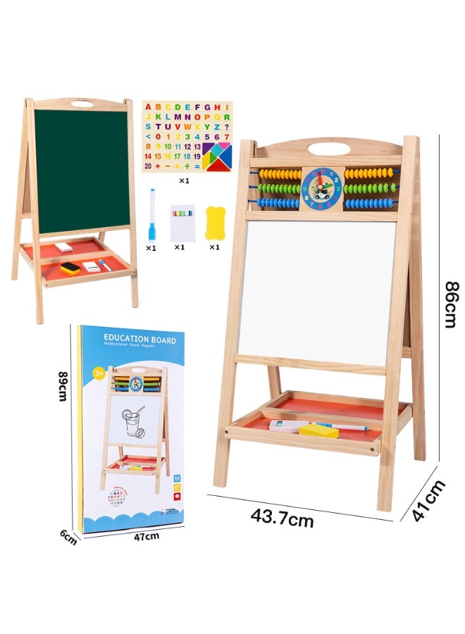 DubaiGallery Kids Wooden Double-Sided Educational Easel Board with Magnetic Whiteboard, Chalkboard, Abacus, Learning Clock, Alphabet and Number Magnets, Drawing Accessories and Storage Tray, Multifunctional Activity Art Board for Children Ages 3+ - Image 1