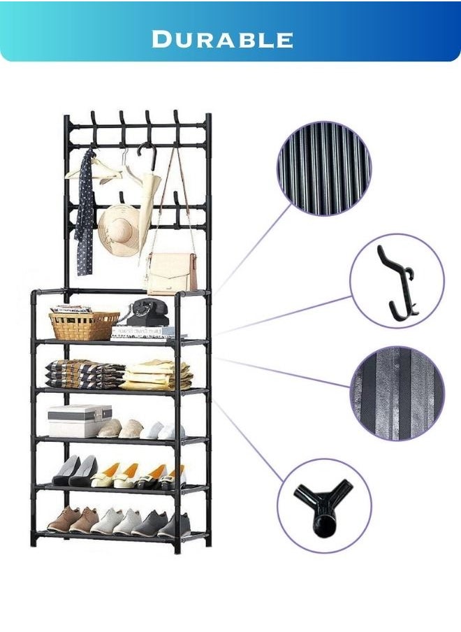 Entryway Coat Rack 3 In 1 Hall Tree Shoe Bench With Hat And Umbrella Rack 8 Hooks 5 Tier Multi Functional Storage Organizer Black Colour