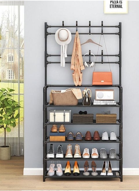 Entryway Coat Rack 3 In 1 Hall Tree Shoe Bench With Hat And Umbrella Rack 8 Hooks 5 Tier Multi Functional Storage Organizer Black Colour