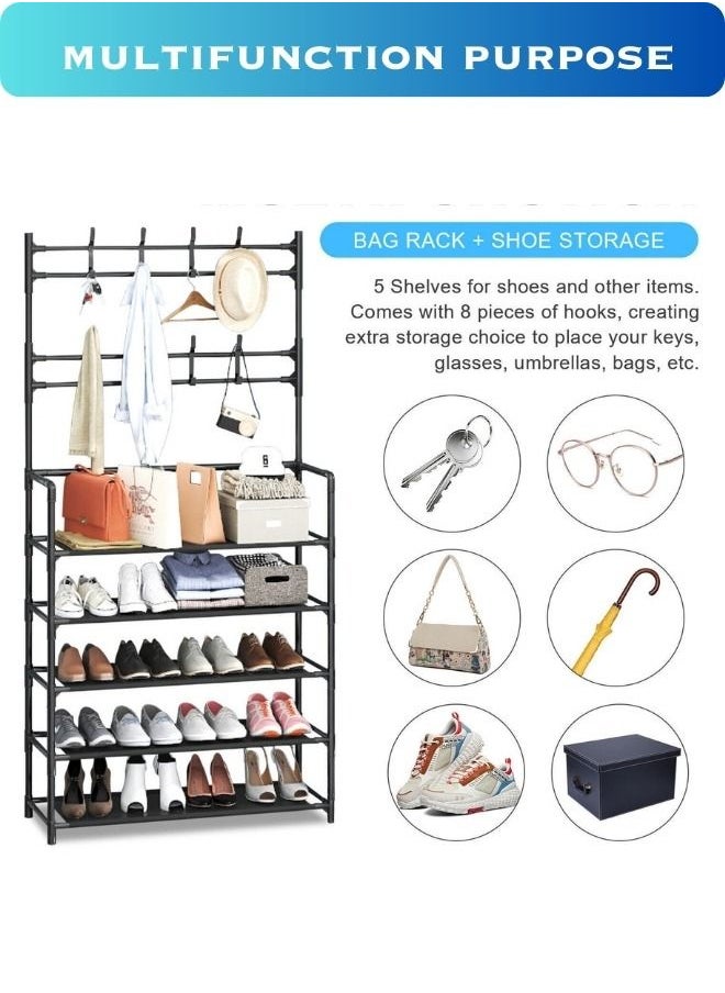Entryway Coat Rack 3 In 1 Hall Tree Shoe Bench With Hat And Umbrella Rack 8 Hooks 5 Tier Multi Functional Storage Organizer Black Colour