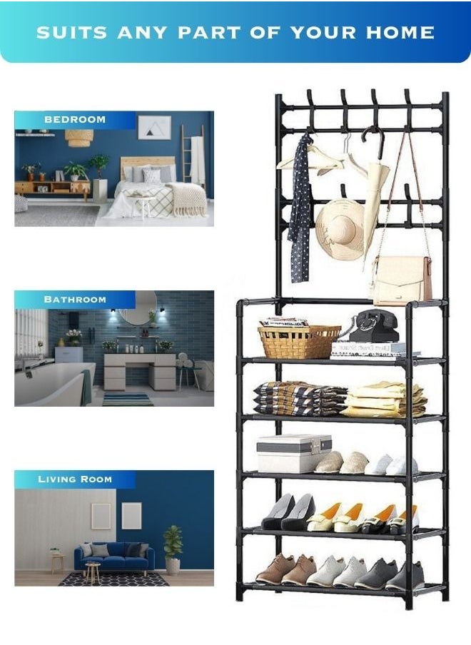 Entryway Coat Rack 3 In 1 Hall Tree Shoe Bench With Hat And Umbrella Rack 8 Hooks 5 Tier Multi Functional Storage Organizer Black Colour