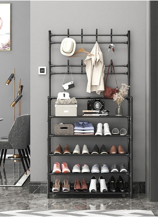 Entryway Coat Rack 3 In 1 Hall Tree Shoe Bench With Hat And Umbrella Rack 8 Hooks 5 Tier Multi Functional Storage Organizer Black Colour