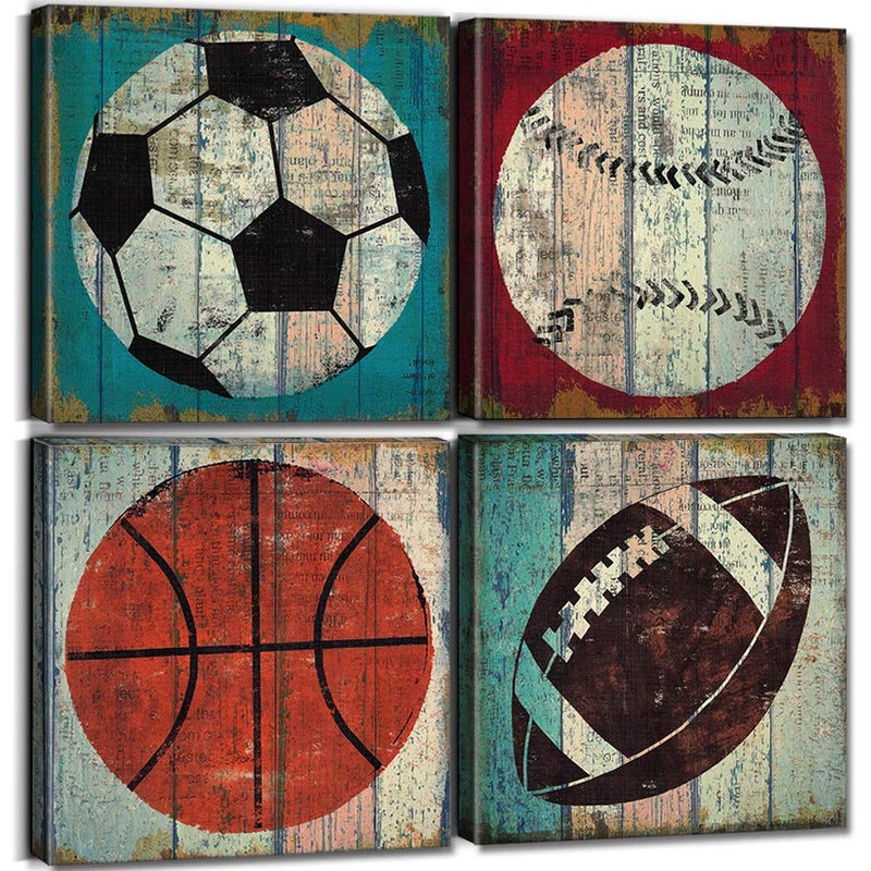 Sports Decor for Boys Room Wall Decor Vintage Baseball Soccer Pictures Kids Bedroom Wall Art Basketball Football Canvas Prints Artwork Toddler Nursery Playroom Living Room Home Decorations 12x12 4Pcs