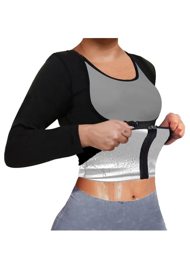 Generic Sweat body shaper jacket hot waist trainer long sleeve zipper shirt workout top, L/XL - Image 1