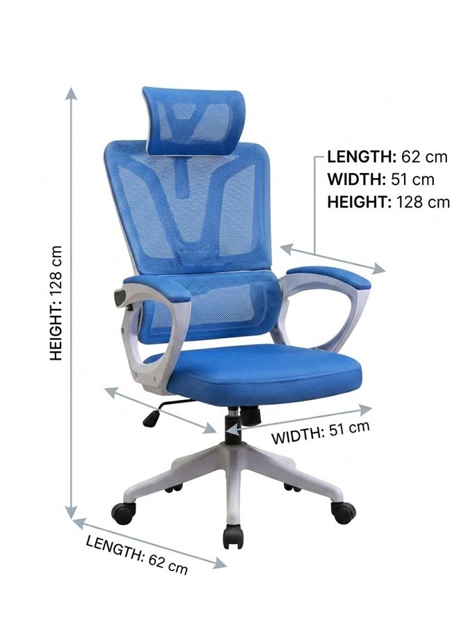 keke Ergonomic Mesh Office Chair with Adjustable Headrest & Lumbar Support, Breathable High-Back Computer Desk Chair, Thick Cushion Seat, 360° Swivel Rolling Wheels, Comfortable Home & Office Chair - Blue - Image 4
