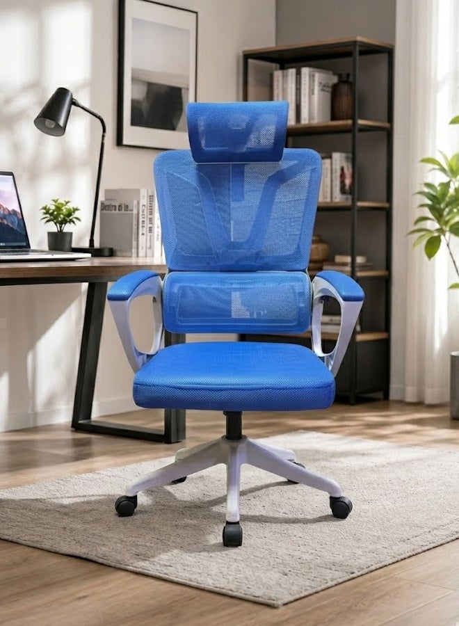 keke Ergonomic Mesh Office Chair with Adjustable Headrest & Lumbar Support, Breathable High-Back Computer Desk Chair, Thick Cushion Seat, 360° Swivel Rolling Wheels, Comfortable Home & Office Chair - Blue - Image 1
