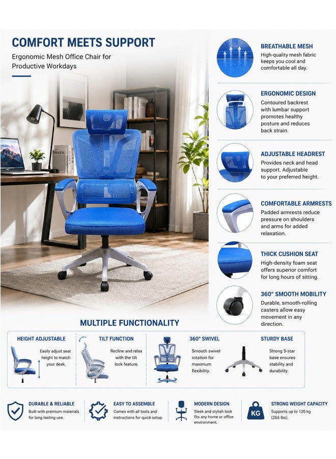 keke Ergonomic Mesh Office Chair with Adjustable Headrest & Lumbar Support, Breathable High-Back Computer Desk Chair, Thick Cushion Seat, 360° Swivel Rolling Wheels, Comfortable Home & Office Chair - Blue - Image 3