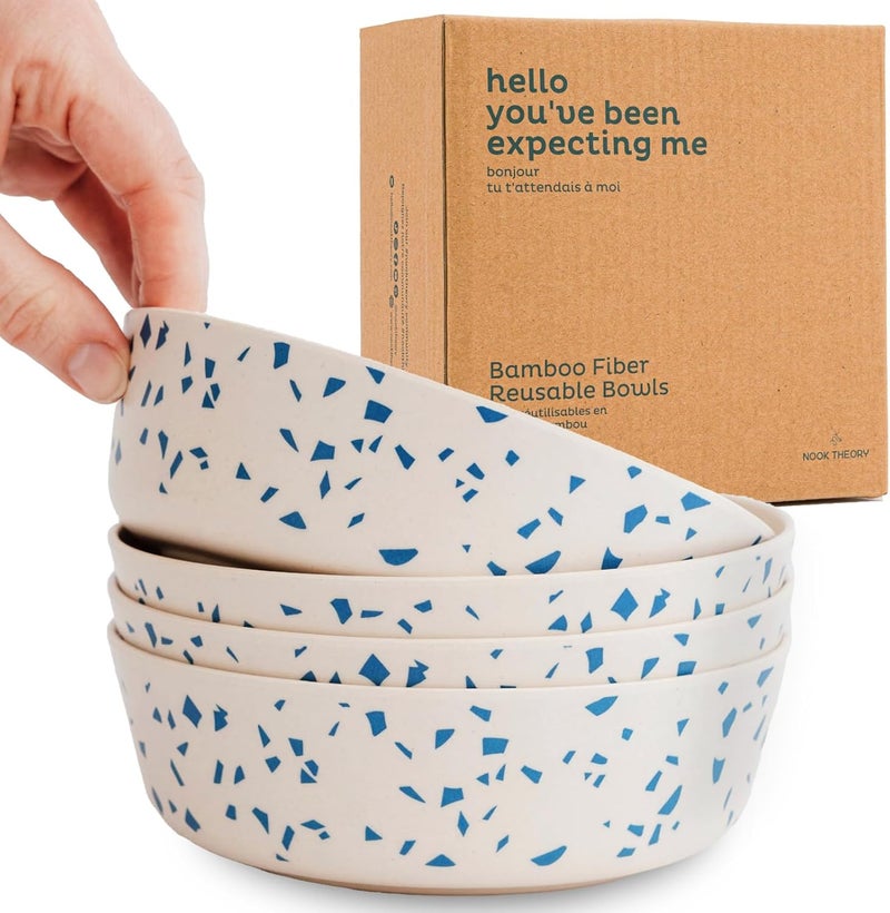 Nook Theory 4 Pack Bamboo Bowls  18 Oz Reusable Toddler and Kids Bowl Dishwasher Safe  Not Microwavable Bamboo Dishes Terrablue - Image 1