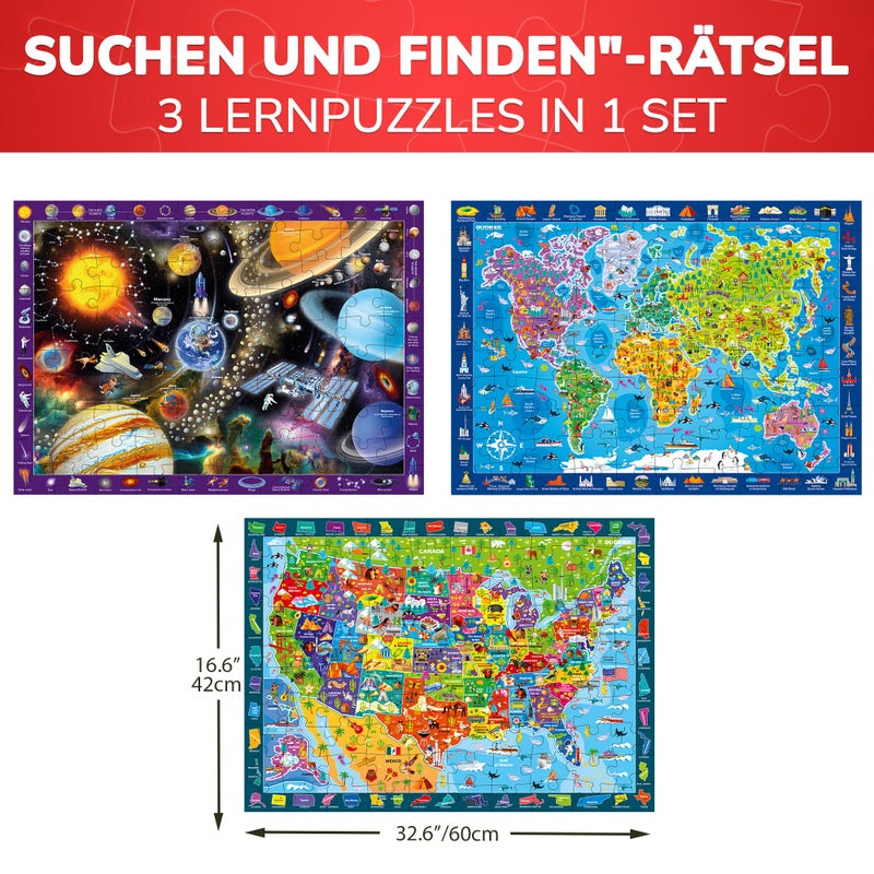 QUOKKA 100 Piece Puzzles for Kids Ages 4-6 – 3 Pack Floor Puzzles for Kids 8-10 Year Old – Learning Games World Map & Space 5-7 – United States Educational Puzzles for Toddlers 3-5 - Image 3