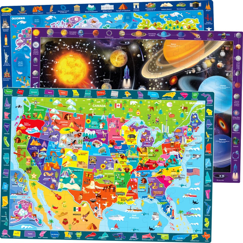 QUOKKA 100 Piece Puzzles for Kids Ages 4-6 – 3 Pack Floor Puzzles for Kids 8-10 Year Old – Learning Games World Map & Space 5-7 – United States Educational Puzzles for Toddlers 3-5 - Image 1