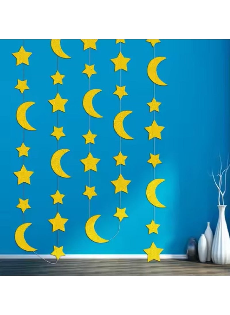 Boxwoods 4 PCS Of Hanging Streamer Banner Glitter Gold Small Stars And Crescent For Ramadan Decoration  - Image 1