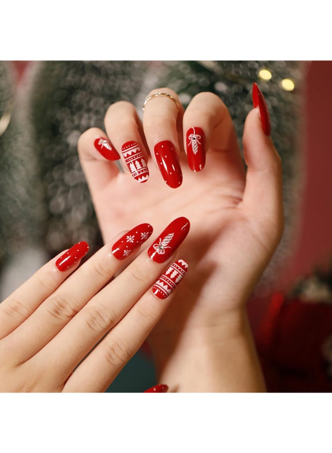 Vezocim Christmas Press on Nails Oval Medium Length 24Pcs Red Artificial Winter Fake Nails with Xmas Tree Snow Designs Glossy Full Cover False Nails Glue Stick on Fingernails for WomenJP1272 - Image 2