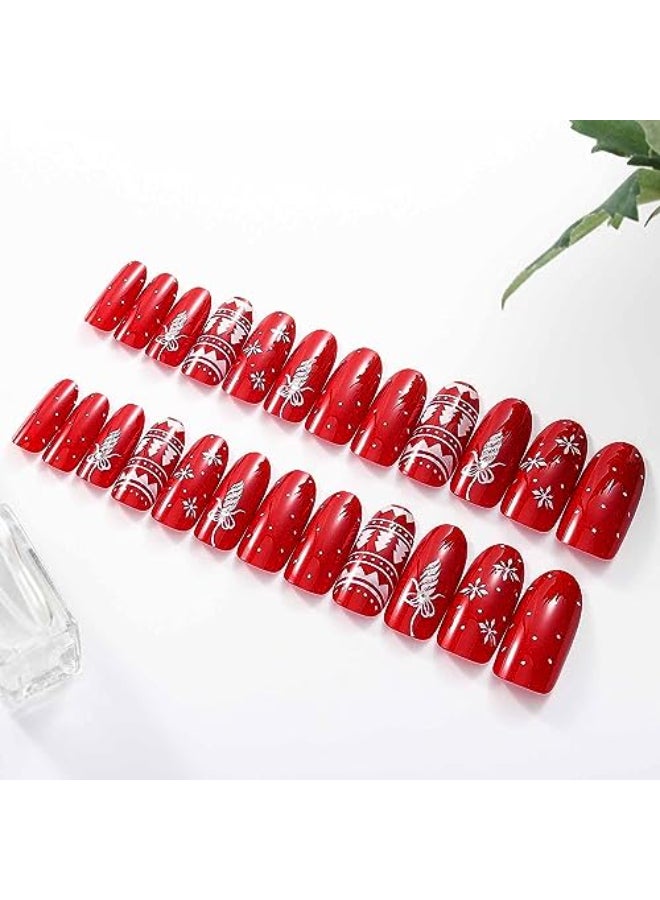Vezocim Christmas Press on Nails Oval Medium Length 24Pcs Red Artificial Winter Fake Nails with Xmas Tree Snow Designs Glossy Full Cover False Nails Glue Stick on Fingernails for WomenJP1272 - Image 3
