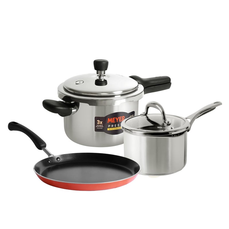 Meyer Tri‑Ply Stainless‑Steel Cookware Bundle – 3 L Presta Pressure Cooker + 18 cm Select Straining Saucepan + 24 cm Flat Tawa (Orange), Induction‑Friendly Kitchen Set - Image 2