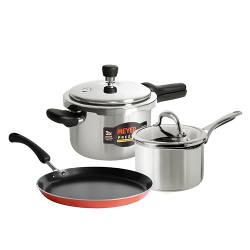 Meyer Tri‑Ply Stainless‑Steel Cookware Bundle – 3 L Presta Pressure Cooker + 18 cm Select Straining Saucepan + 24 cm Flat Tawa (Orange), Induction‑Friendly Kitchen Set - Image 1
