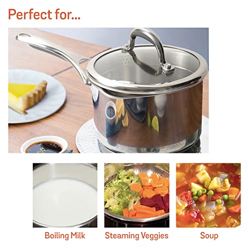 Meyer Tri‑Ply Stainless‑Steel Cookware Bundle – 3 L Presta Pressure Cooker + 18 cm Select Straining Saucepan + 24 cm Flat Tawa (Orange), Induction‑Friendly Kitchen Set - Image 5