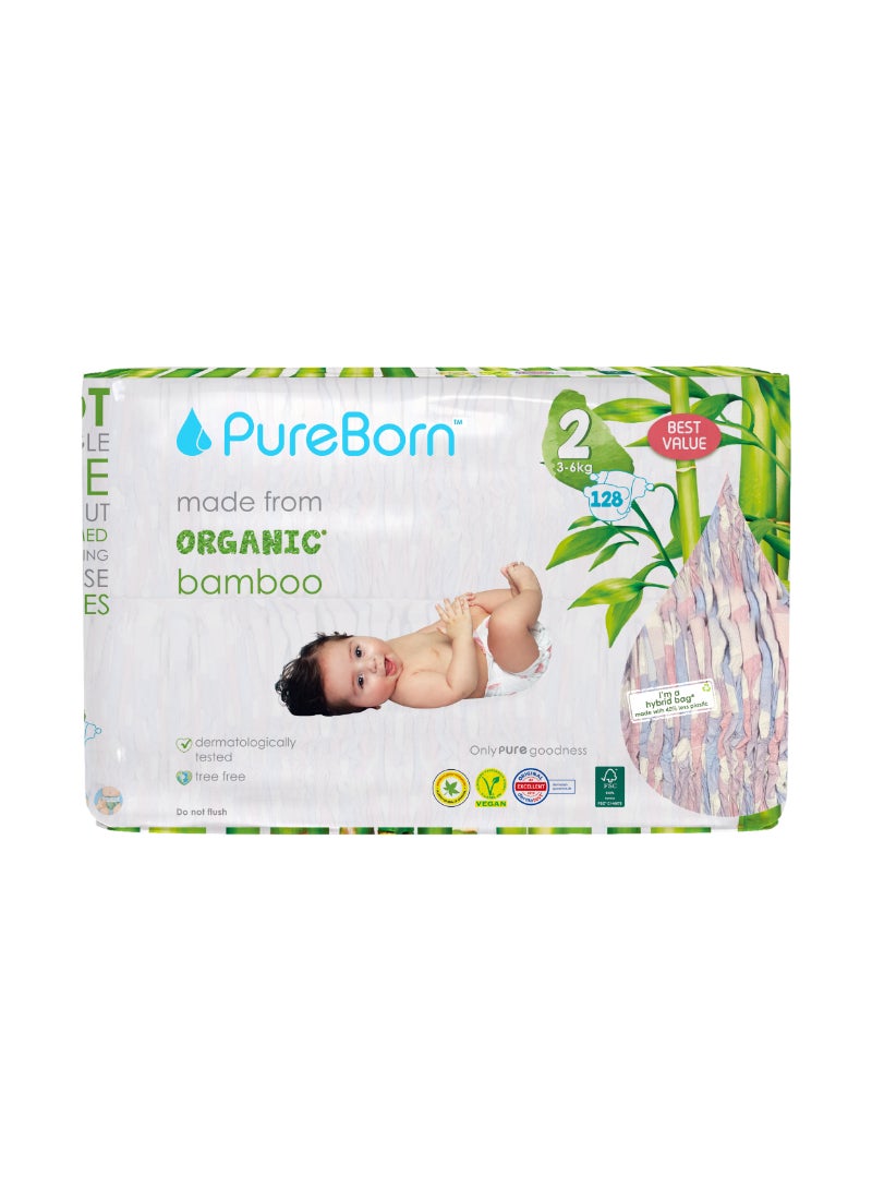 PureBorn Organic Baby Tape Style Diapers Size-2 3-6 kg Cloud Print 128 Diapers - Image 1