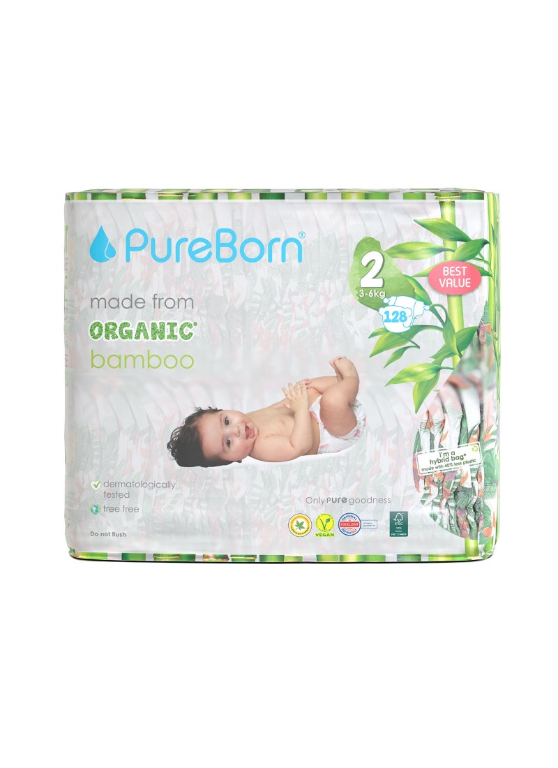 PureBorn Organic Baby Tape Style Diapers Size-2 3-6 kg Cloud Print 128 Diapers - Image 1