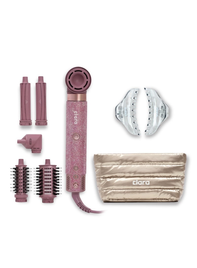 CLARA The Sparkle & Style Diamond Pink Bundle – Diamond Candy Pink 6-in-1 Multi Styler for Curling, Drying & Salon Blowouts with Strong Hold Hair Clips Set & Metallic Gold Padded Toiletry Bag - Image 1