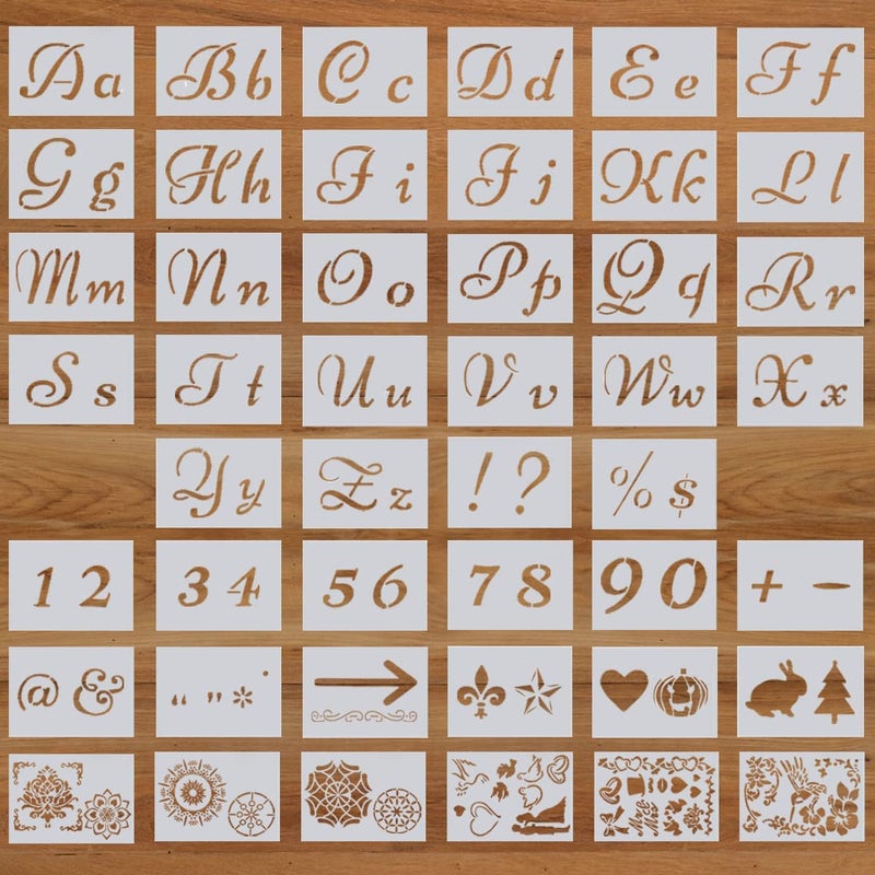 Dequera Letter Stencils Reusable Stencils for Painting on Wood 46pcs Calligraphy Alphabet Stencils Numbers Stencils DIY Painting Drawing Stencils Art Craft Templates