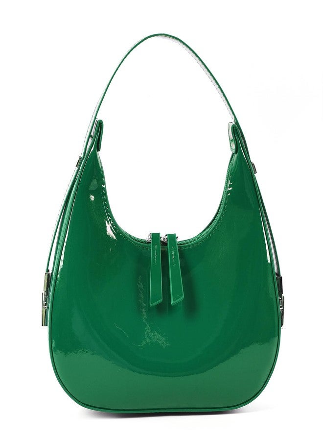 DiDida Green Leather Shoulder Purse Small Cresent Y2K Underarm Purse Top Handle Patent Leather Cute Retro Handbags - Image 1