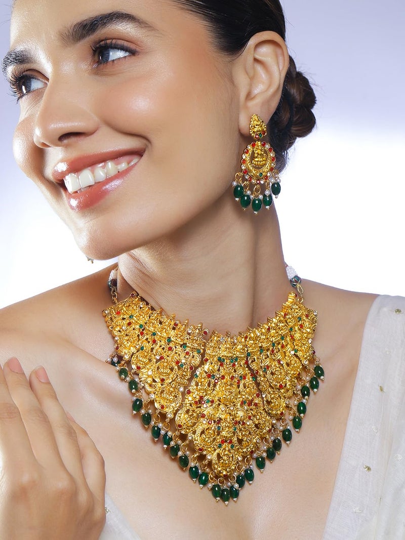 Rubans Pearl Gold Plated Ruby Emerald Lakshmi Temple Choker Set Green Beads Gift for Women and Girls Bridal Wedding - Image 2
