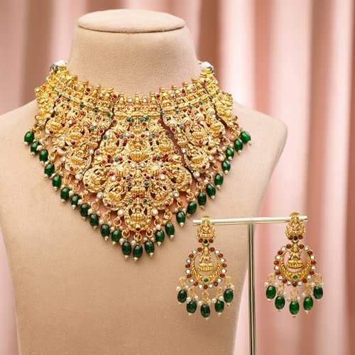 Rubans Pearl Gold Plated Ruby Emerald Lakshmi Temple Choker Set Green Beads Gift for Women and Girls Bridal Wedding - Image 3