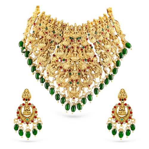 Rubans Pearl Gold Plated Ruby Emerald Lakshmi Temple Choker Set Green Beads Gift for Women and Girls Bridal Wedding - Image 1