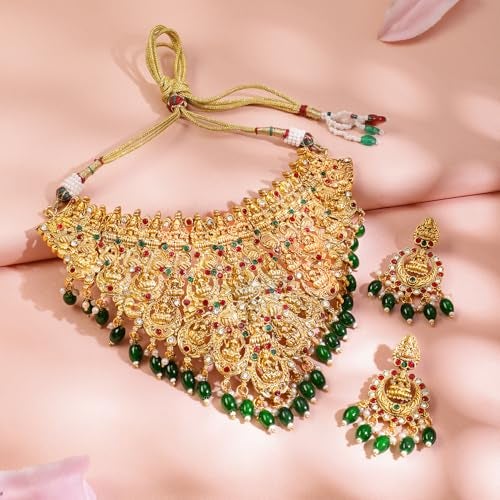 Rubans Pearl Gold Plated Ruby Emerald Lakshmi Temple Choker Set Green Beads Gift for Women and Girls Bridal Wedding - Image 4