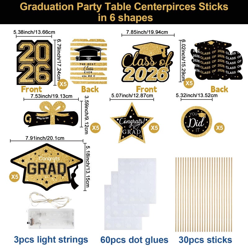 OuMuaMua Graduation Decorations Class of 2026-30pcs Black and Gold Graduation Table Centerpieces Sticks Table Toppers with Lights for College High School Congrats Grad Party Supplies - Image 3