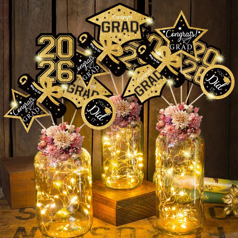 OuMuaMua Graduation Decorations Class of 2026-30pcs Black and Gold Graduation Table Centerpieces Sticks Table Toppers with Lights for College High School Congrats Grad Party Supplies - Image 1