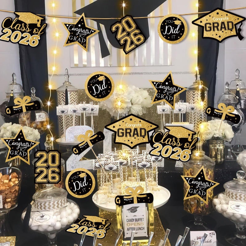 OuMuaMua Graduation Decorations Class of 2026-30pcs Black and Gold Graduation Table Centerpieces Sticks Table Toppers with Lights for College High School Congrats Grad Party Supplies - Image 5