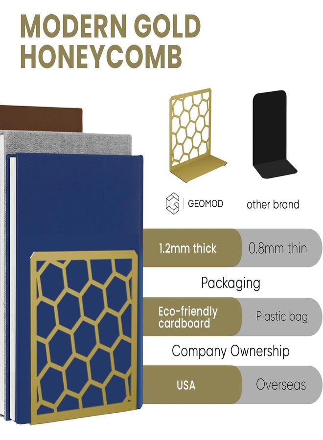 GEOMOD Geometric Honeycomb Gold Metal Bookends Decorative - Tall Sturdy Book Ends for Shelves - Modern Heavy Duty Bookend Stopper - Office or Home Book Shelf Book Holder - 6x3.25x6.25 Inches - 1 Pair - Image 4